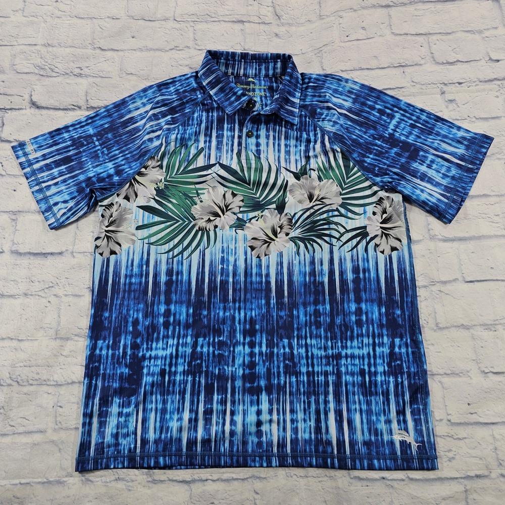 Tommy Bahama Polo Shirt MENS M Blue IslandZone Floral Tie Dye Tropical UPF 30